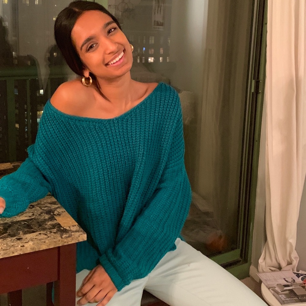 TOBI TEAL CABLEKNIT SWEATER
